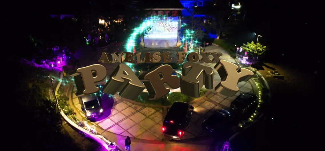 Aerial night view of a lit driveway and an outdoor screen at a party, with title text reading Anelise Foxx Party