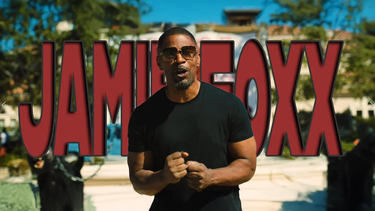 Jamie Foxx in a black T-shirt and sunglasses speaking to camera outdoors, over red Jamie Foxx title text